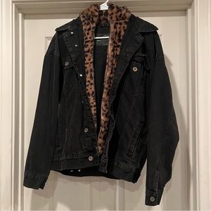 Zara men’s size small denim jacket with leopard fur hood.